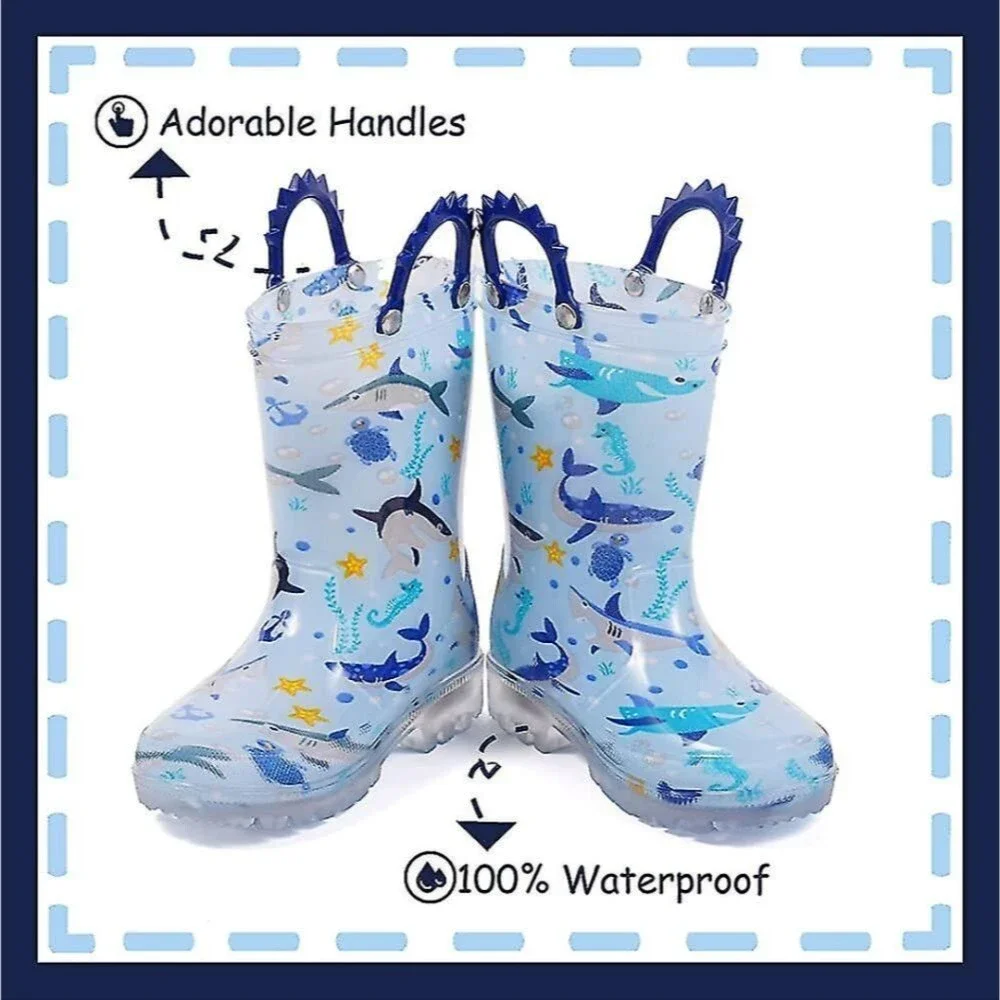 Boys Waterproof Rain Boots Shark Design Blue